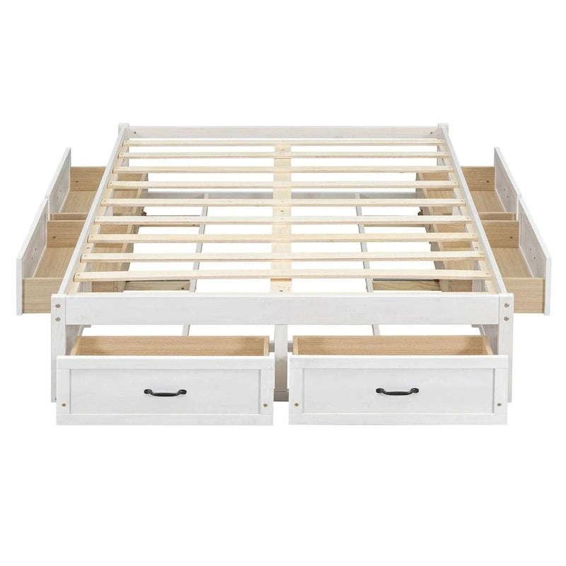 Full Size Platform Bed with 6 Storage Drawers, Antique White, Sleek Design for Bedroom Organization
