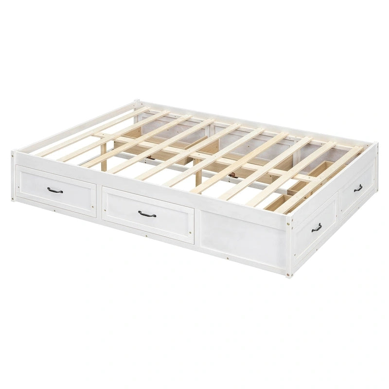 Full Size Platform Bed with 6 Storage Drawers, Antique White, Sleek Design for Bedroom Organization