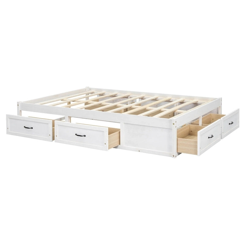 Full Size Platform Bed with 6 Storage Drawers, Antique White, Sleek Design for Bedroom Organization
