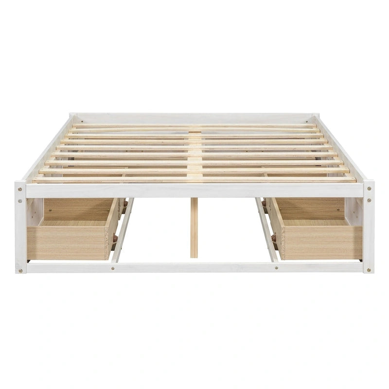 Full Size Platform Bed with 6 Storage Drawers, Antique White, Sleek Design for Bedroom Organization