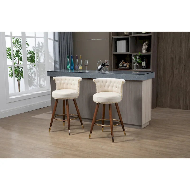 Vintage Upholstered Bar Stools with Backrest and Footrest, Fixed Height 360 Rotation for Kitchen, Dining, Home Bar