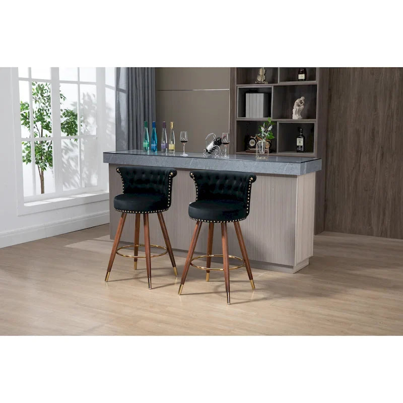 Vintage Upholstered Bar Stools with Backrest and Footrest, Fixed Height 360 Rotation for Kitchen, Dining, Home Bar