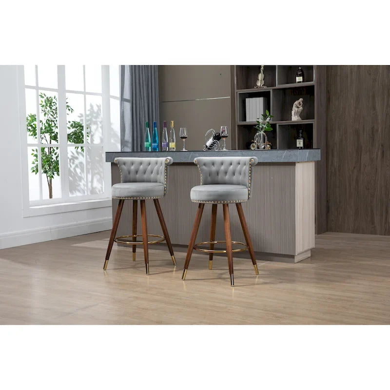 Vintage Upholstered Bar Stools with Backrest and Footrest, Fixed Height 360 Rotation for Kitchen, Dining, Home Bar