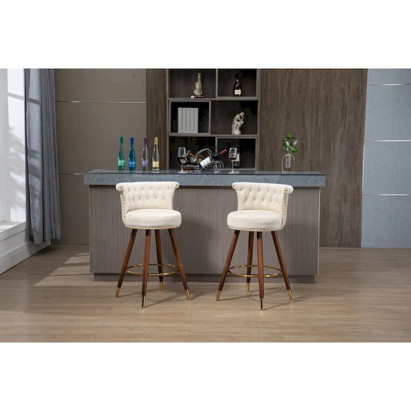 Vintage Upholstered Bar Stools with Backrest and Footrest, Fixed Height 360 Rotation for Kitchen, Dining, Home Bar
