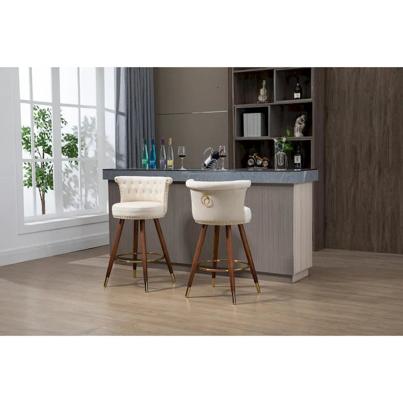 Vintage Upholstered Bar Stools with Backrest and Footrest, Fixed Height 360 Rotation for Kitchen, Dining, Home Bar
