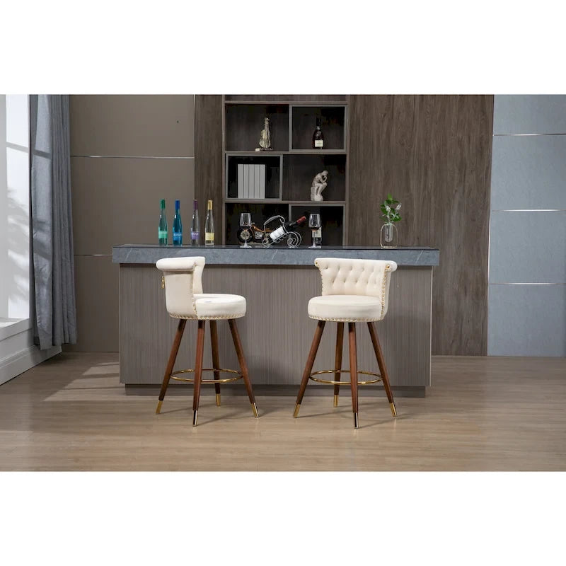 Vintage Upholstered Bar Stools with Backrest and Footrest, Fixed Height 360 Rotation for Kitchen, Dining, Home Bar