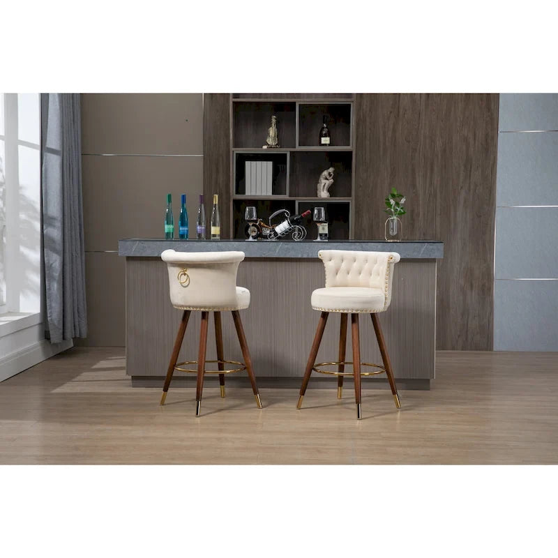Vintage Upholstered Bar Stools with Backrest and Footrest, Fixed Height 360 Rotation for Kitchen, Dining, Home Bar