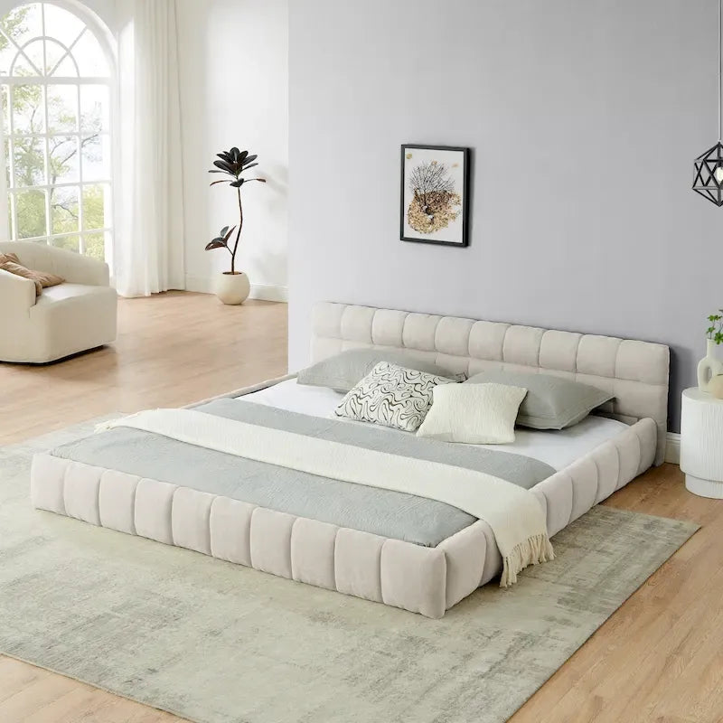 Chenille Upholstered Bed Grounded Platform Bed with Headboard