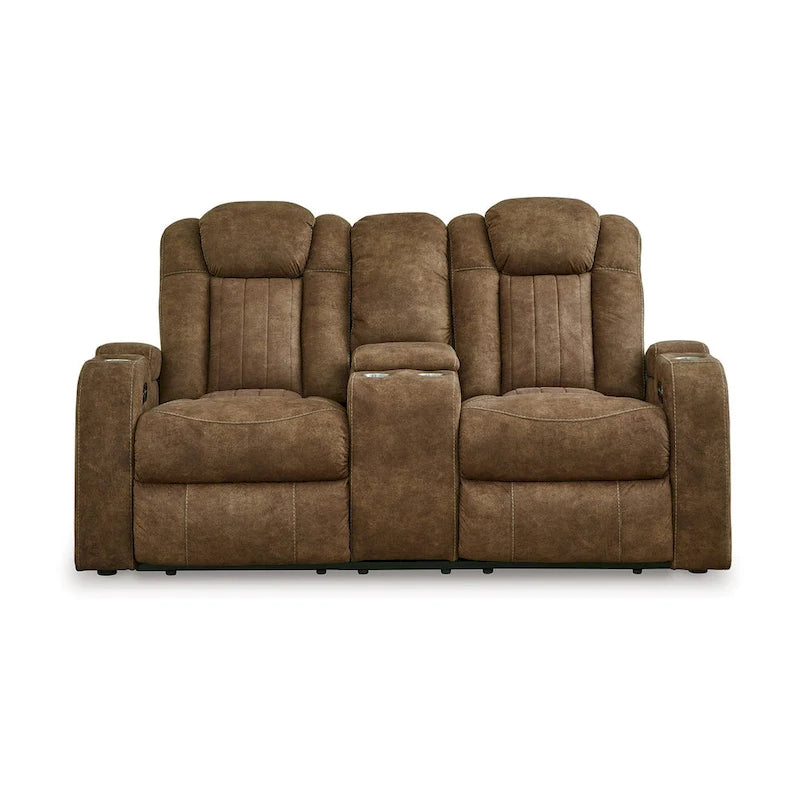 Power Recliner Loveseat, Adjustable Headrest, Gray Faux Nubuck Suede