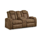 Power Recliner Loveseat, Adjustable Headrest, Gray Faux Nubuck Suede