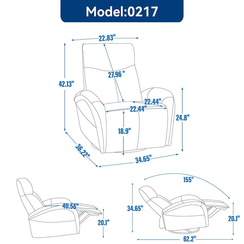 270 Genuine Leather Swivel and Rocker Power Recliner Chair for Elderly, Lving Room Single Sofa w/Lumbar Support & Rolled Arms