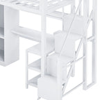 White Loft Bed w/Desk, Wardrobe & Stepped Stairs, Metal Loft Bed Storage Bed Frame w/ USB Ports & 5-Layer Shelf for Adults, Kids