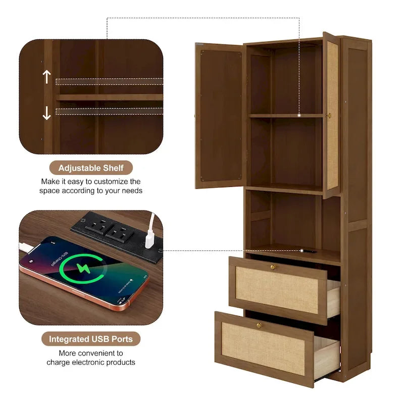 Full Size Solid Wood With Rattan Murphy Bed Cabinet Space-Saving Bed with 2 Side Cabinet Storage Shelves