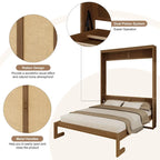Full Size Solid Wood With Rattan Murphy Bed Cabinet Space-Saving Bed with 2 Side Cabinet Storage Shelves