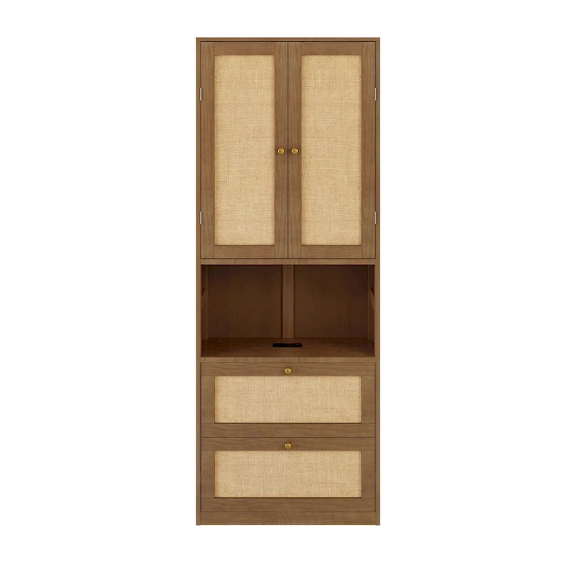 Full Size Solid Wood With Rattan Murphy Bed Cabinet Space-Saving Bed with 2 Side Cabinet Storage Shelves