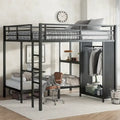 King over Twin XL Size Bunk Bed Frame with Built-in Wardrobe, Metal Bunk Bed with Foldable Desk and, Black