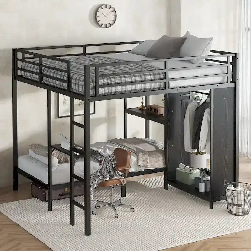 King over Twin XL Size Bunk Bed Frame with Built-in Wardrobe, Metal Bunk Bed with Foldable Desk and, Black