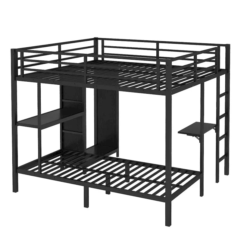 King over Twin XL Size Bunk Bed Frame with Built-in Wardrobe, Metal Bunk Bed with Foldable Desk and, Black