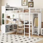 Off White Full Size Metal Loft Bed with Wardrobe And L-shaped Desk, Storage Cubes and Shelves for Kids, Teens, Adults