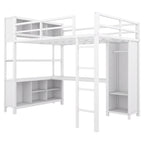 Off White Full Size Metal Loft Bed with Wardrobe And L-shaped Desk, Storage Cubes and Shelves for Kids, Teens, Adults