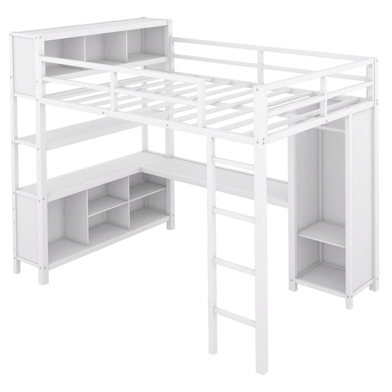 Off White Full Size Metal Loft Bed with Wardrobe And L-shaped Desk, Storage Cubes and Shelves for Kids, Teens, Adults