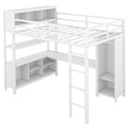 Off White Full Size Metal Loft Bed with Wardrobe And L-shaped Desk, Storage Cubes and Shelves for Kids, Teens, Adults