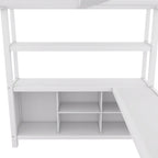 Off White Full Size Metal Loft Bed with Wardrobe And L-shaped Desk, Storage Cubes and Shelves for Kids, Teens, Adults