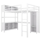 Off White Full Size Metal Loft Bed with Wardrobe And L-shaped Desk, Storage Cubes and Shelves for Kids, Teens, Adults