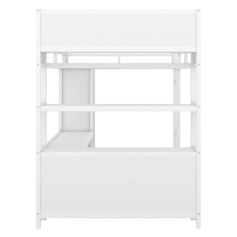 Off White Full Size Metal Loft Bed with Wardrobe And L-shaped Desk, Storage Cubes and Shelves for Kids, Teens, Adults