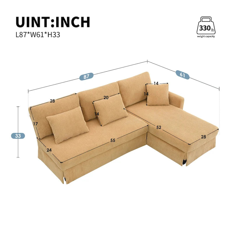 Yellow 87  L-Shaped 3-Seater Sofa with Reversible Chaise and 3 Cushions, Space-Saving Design for Living Room