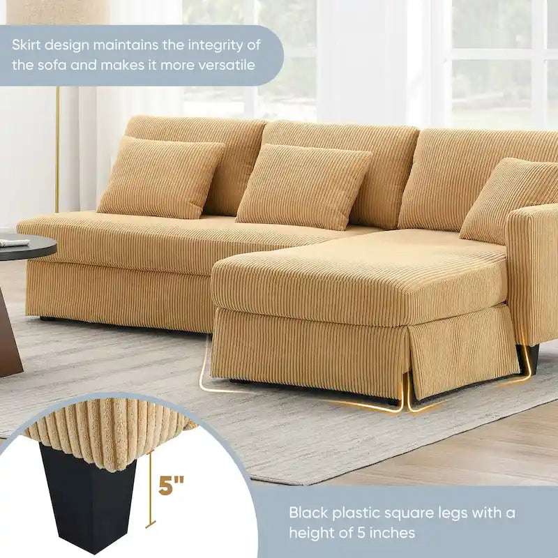 Yellow 87  L-Shaped 3-Seater Sofa with Reversible Chaise and 3 Cushions, Space-Saving Design for Living Room