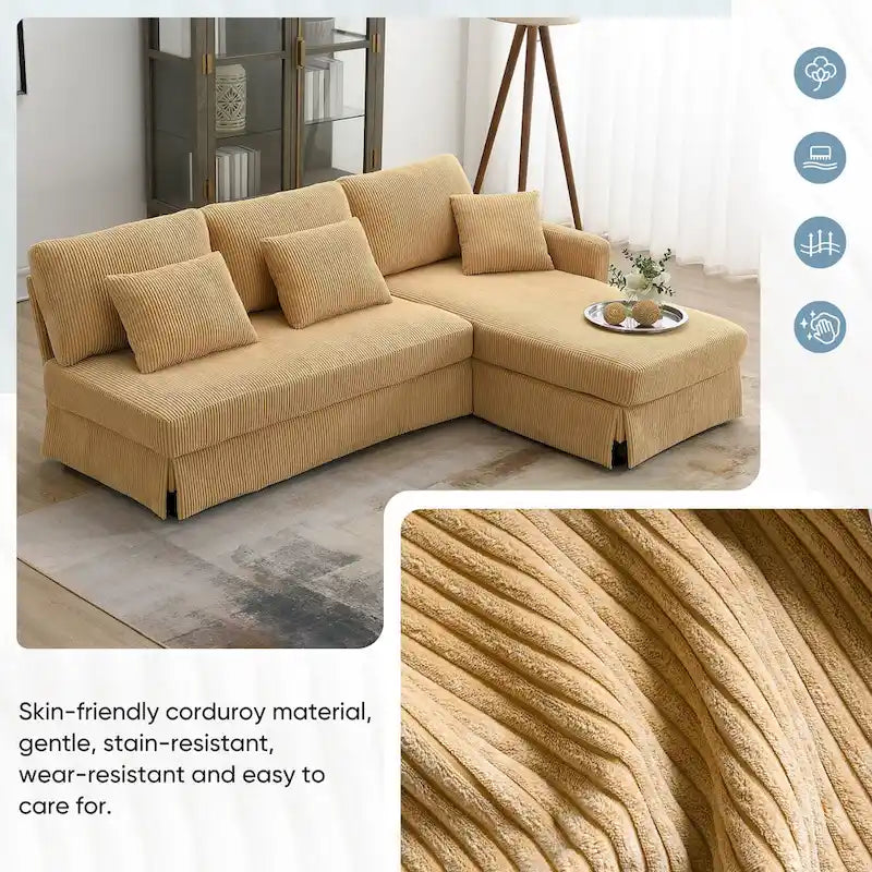 Yellow 87  L-Shaped 3-Seater Sofa with Reversible Chaise and 3 Cushions, Space-Saving Design for Living Room