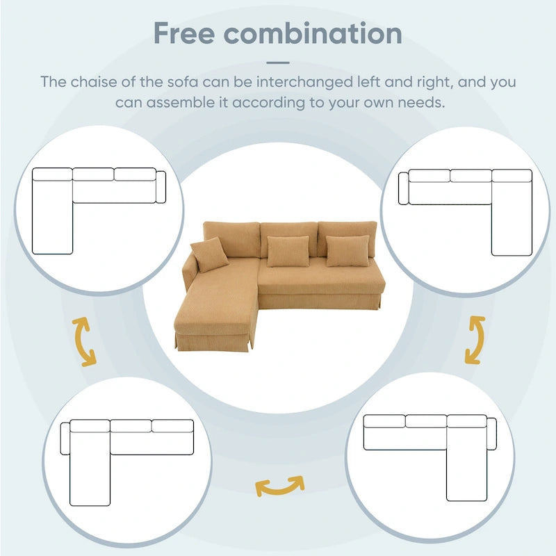 Yellow 87  L-Shaped 3-Seater Sofa with Reversible Chaise and 3 Cushions, Space-Saving Design for Living Room