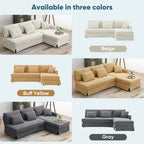 Yellow 87  L-Shaped 3-Seater Sofa with Reversible Chaise and 3 Cushions, Space-Saving Design for Living Room