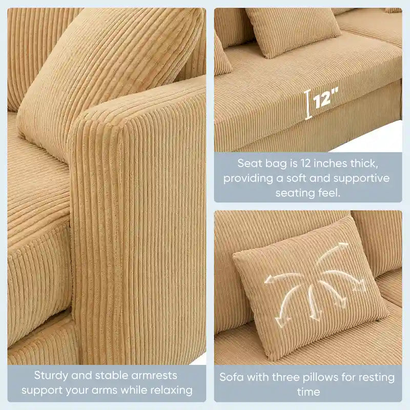 Yellow 87  L-Shaped 3-Seater Sofa with Reversible Chaise and 3 Cushions, Space-Saving Design for Living Room