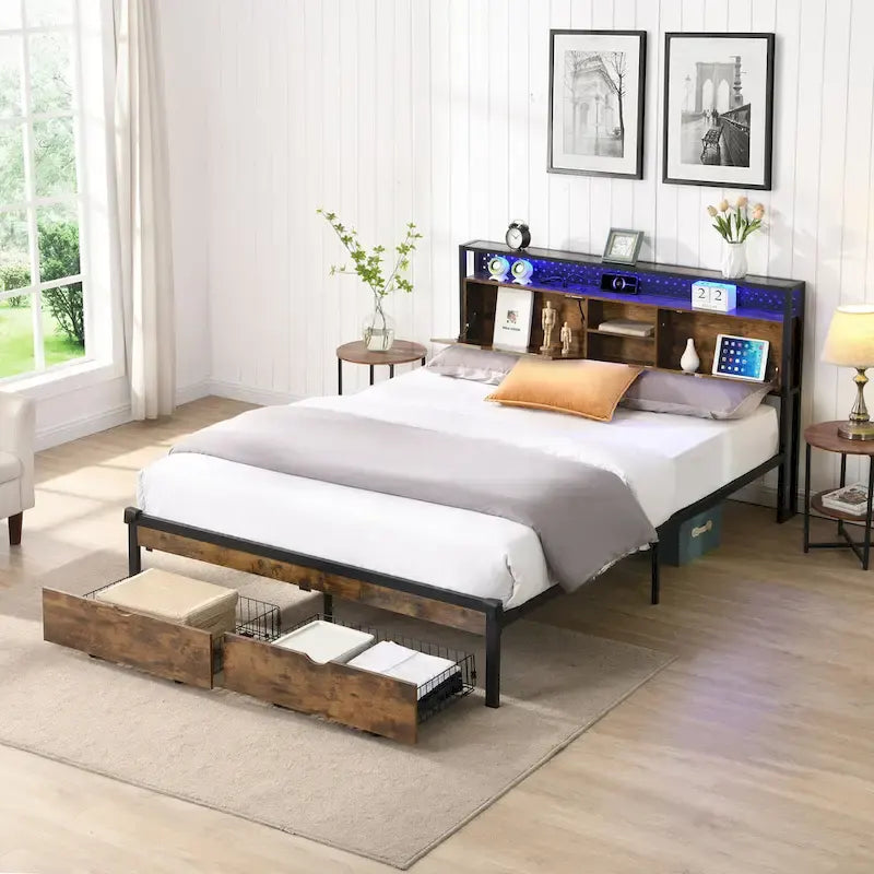 Black Brown King Size Metal Bed with Wooden Headboard and LED Lights