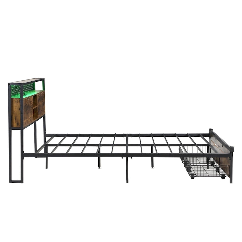 Black Brown King Size Metal Bed with Wooden Headboard and LED Lights