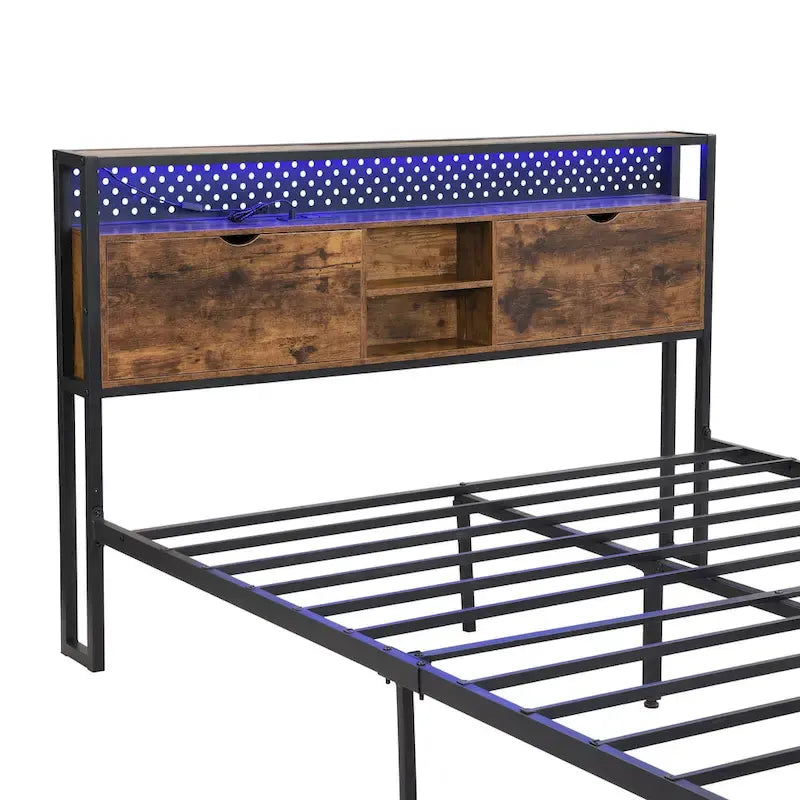 Black Brown King Size Metal Bed with Wooden Headboard and LED Lights