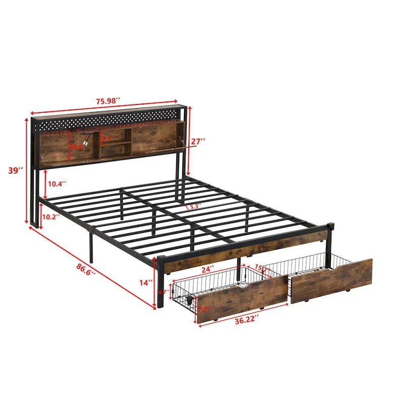 Black Brown King Size Metal Bed with Wooden Headboard and LED Lights
