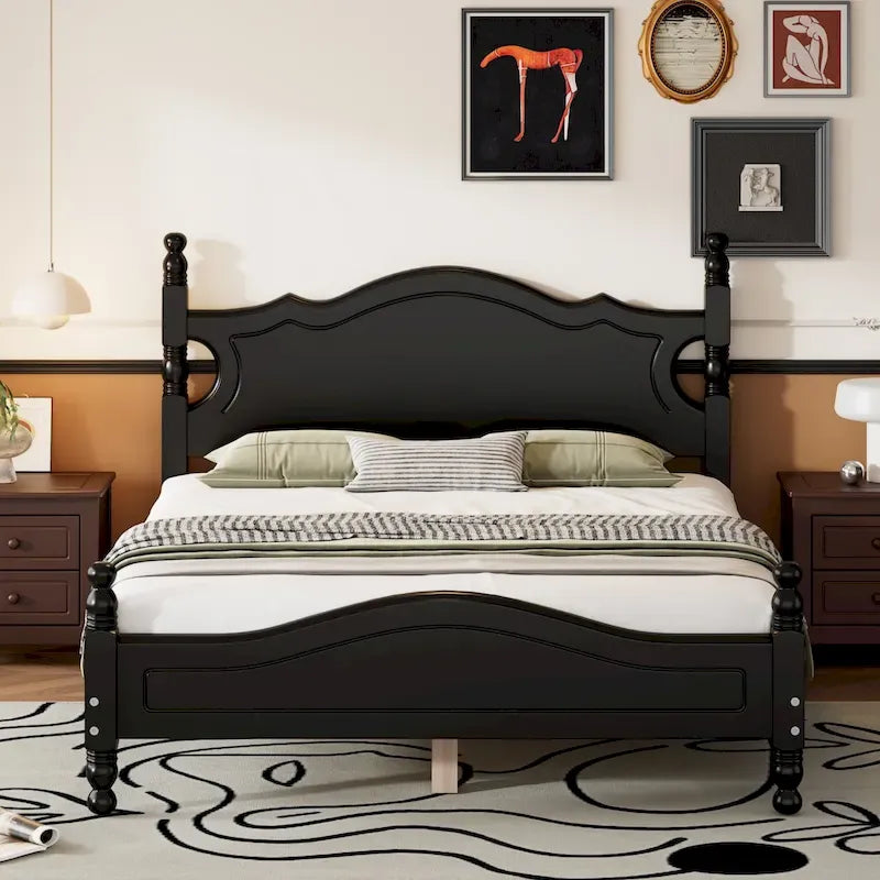 Retro Pine Platform Bed with Headboard and Footboard