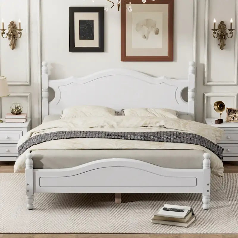 Retro Pine Platform Bed with Headboard and Footboard