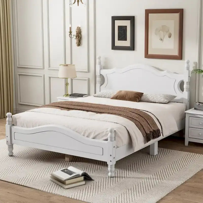 Retro Pine Platform Bed with Headboard and Footboard