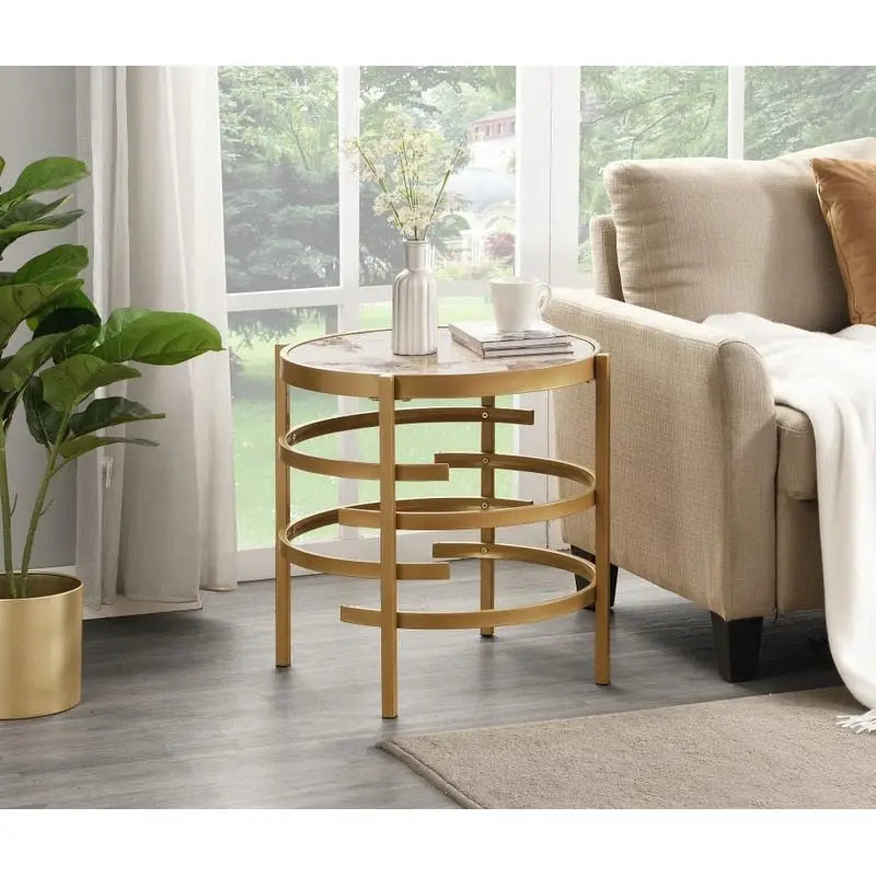 Modern Round End Table with Sintered Stone Top, Chrome/ Silver End Table for Living Room 20.67 W x 20.67 D x 21.65 H