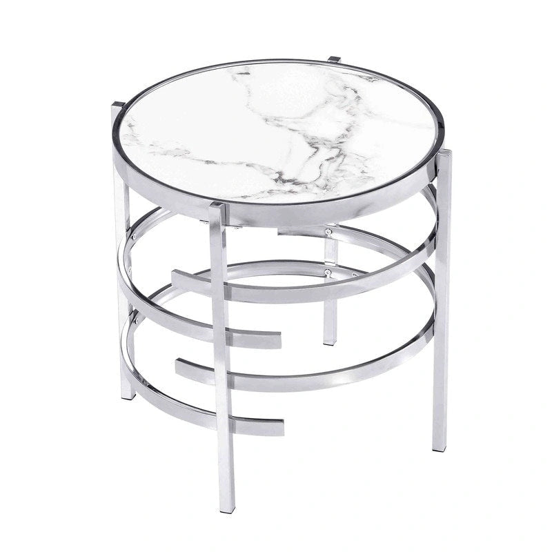 Modern Round End Table with Sintered Stone Top, Chrome/ Silver End Table for Living Room 20.67 W x 20.67 D x 21.65 H