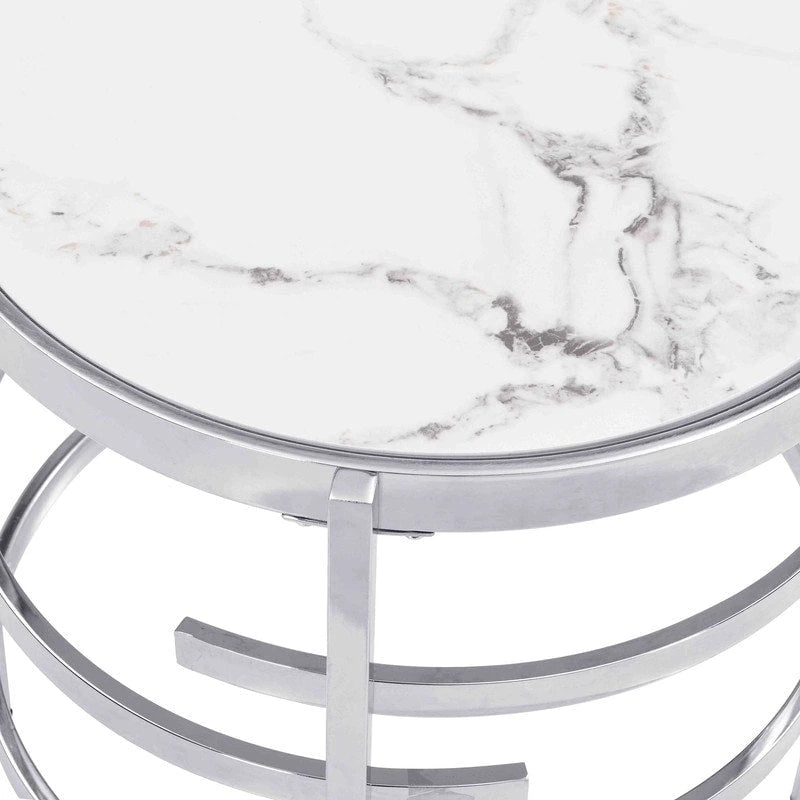 Modern Round End Table with Sintered Stone Top, Chrome/ Silver End Table for Living Room 20.67 W x 20.67 D x 21.65 H
