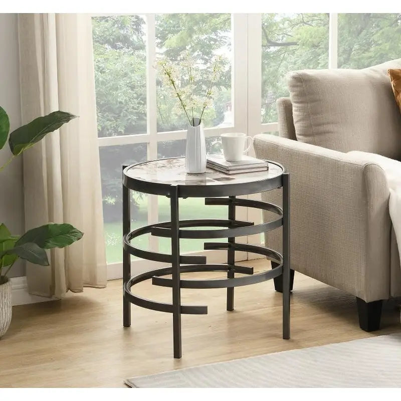 Modern Round End Table with Sintered Stone Top, Chrome/ Silver End Table for Living Room 20.67 W x 20.67 D x 21.65 H