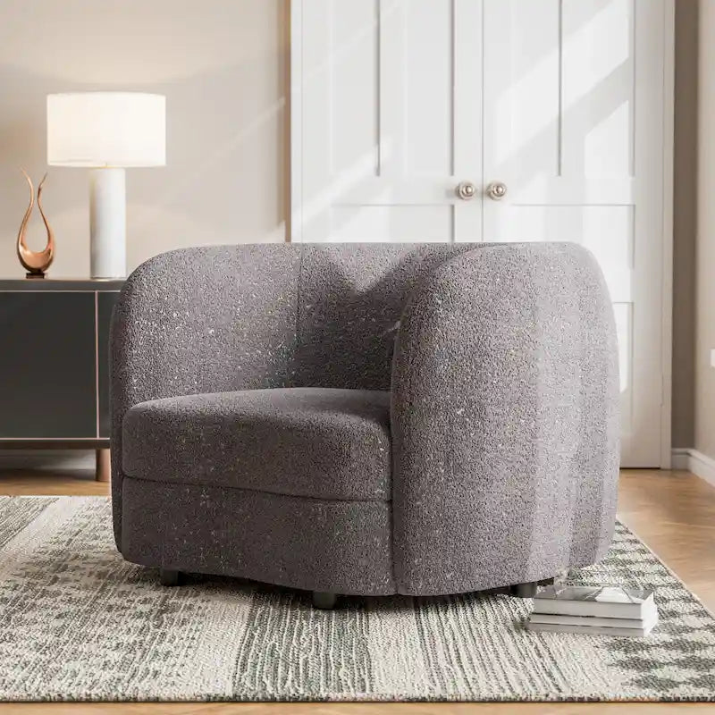 Ophelia Modern Curved Arms Boucle Accent Chair with Kidney Style Seat and Round Wooden Legs