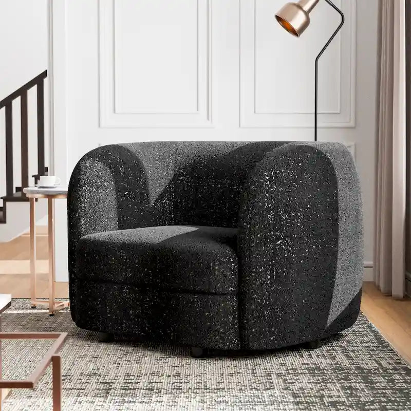 Ophelia Modern Curved Arms Boucle Accent Chair with Kidney Style Seat and Round Wooden Legs