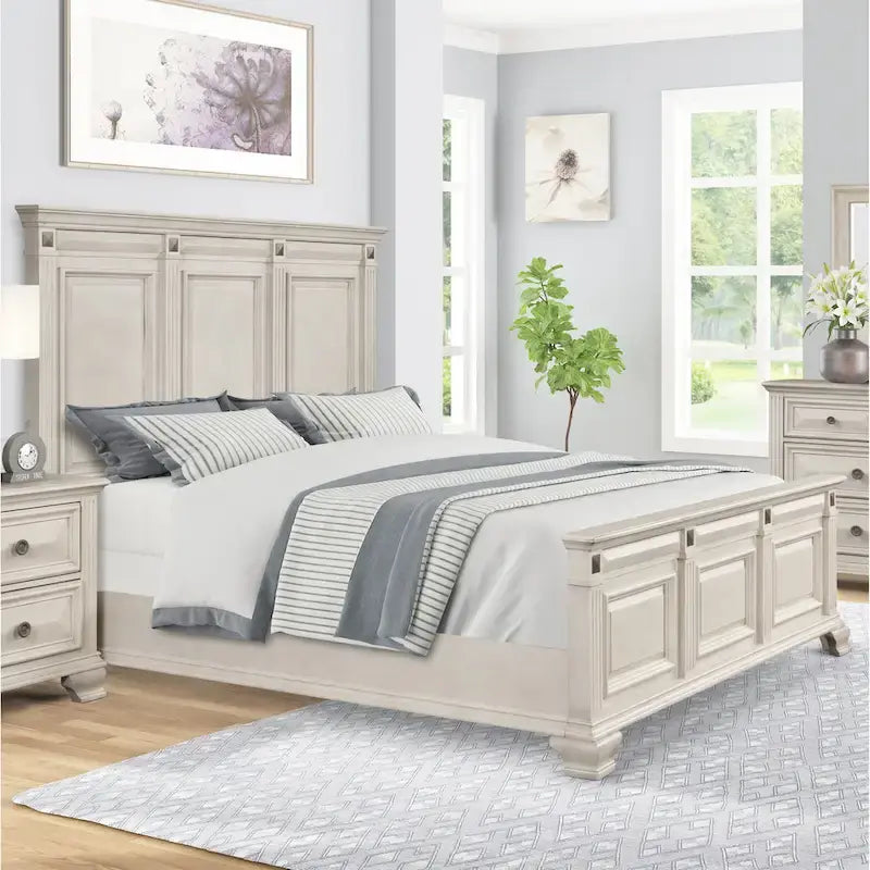 Renova Distressed Parchment Wood Bedroom Set, Panel Bed, Dresser, Mirror, Nightstand