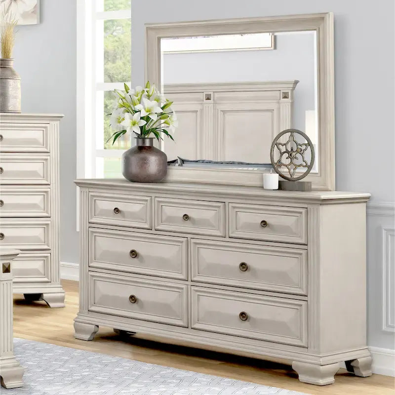 Renova Distressed Parchment Wood Bedroom Set, Panel Bed, Dresser, Mirror, Nightstand